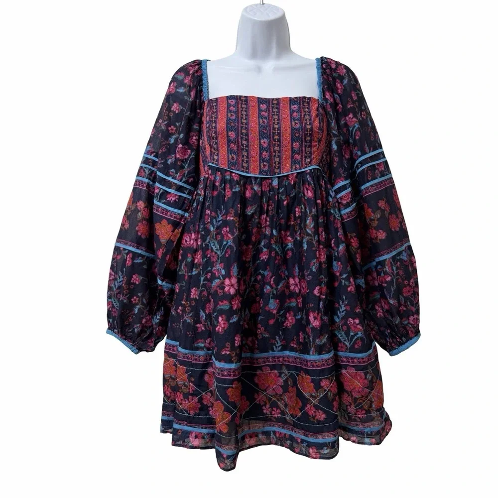 Free People Endless Afternoon Dark Floral Mini Dress Size XS Navy Smocked Boho